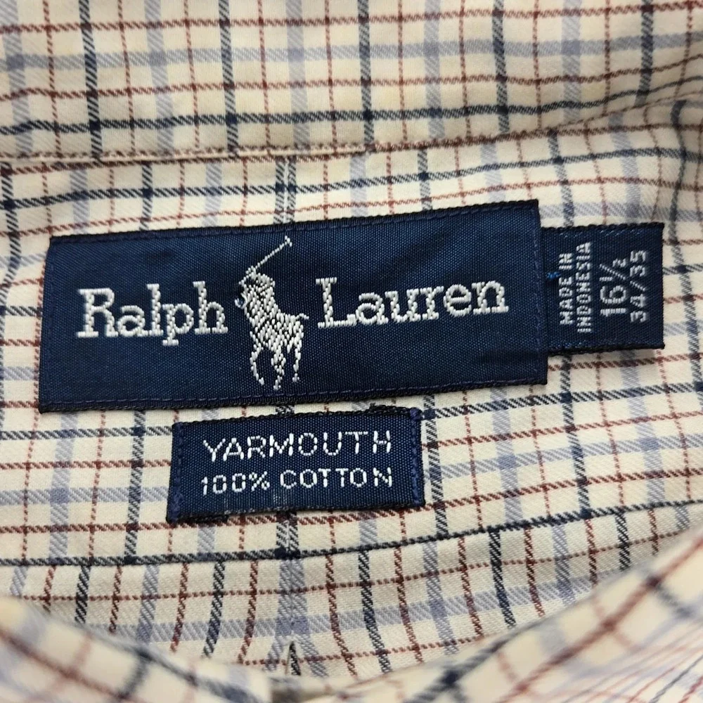 Ralph Lauren Shirt Mens‎ 16.5 - 34/35 Tan Pony Long Sleeve Plaid Yarmouth